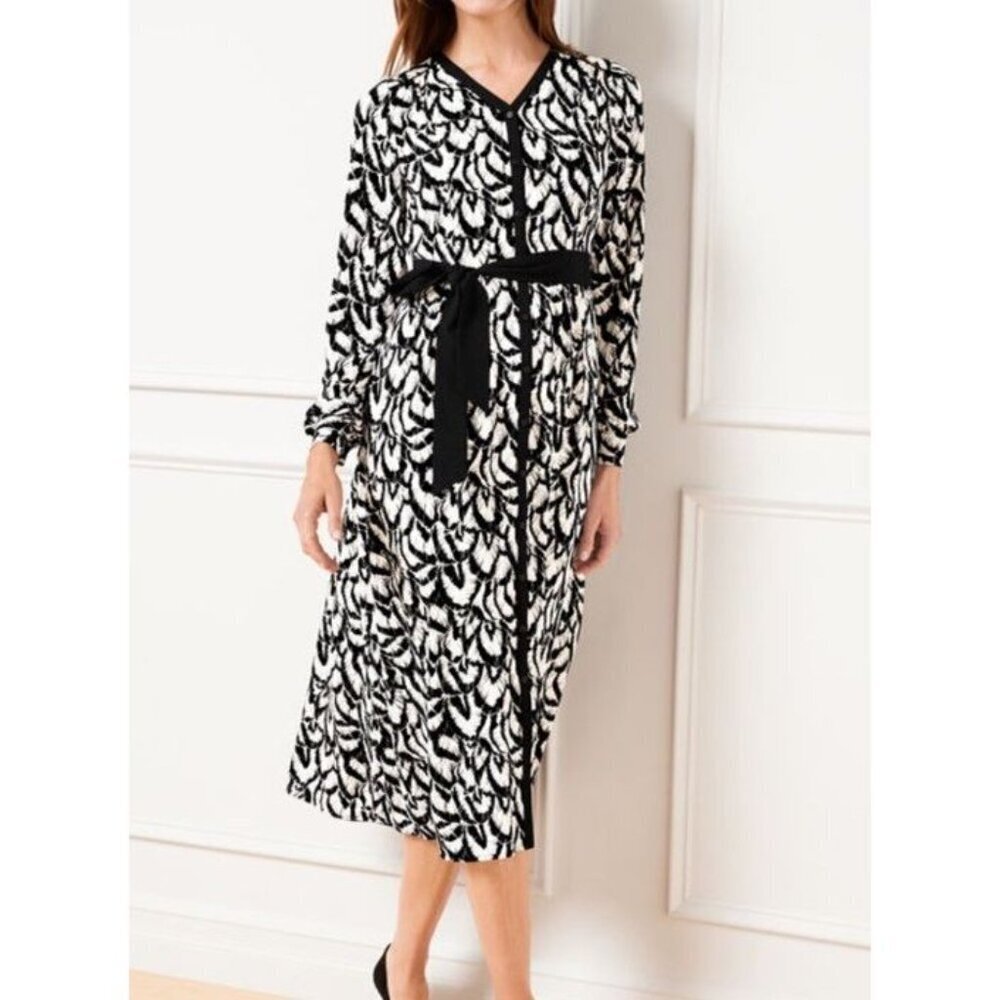 Talbots Sz 10 Dress Crepe Midi Black White Classic Office Boho Workwear